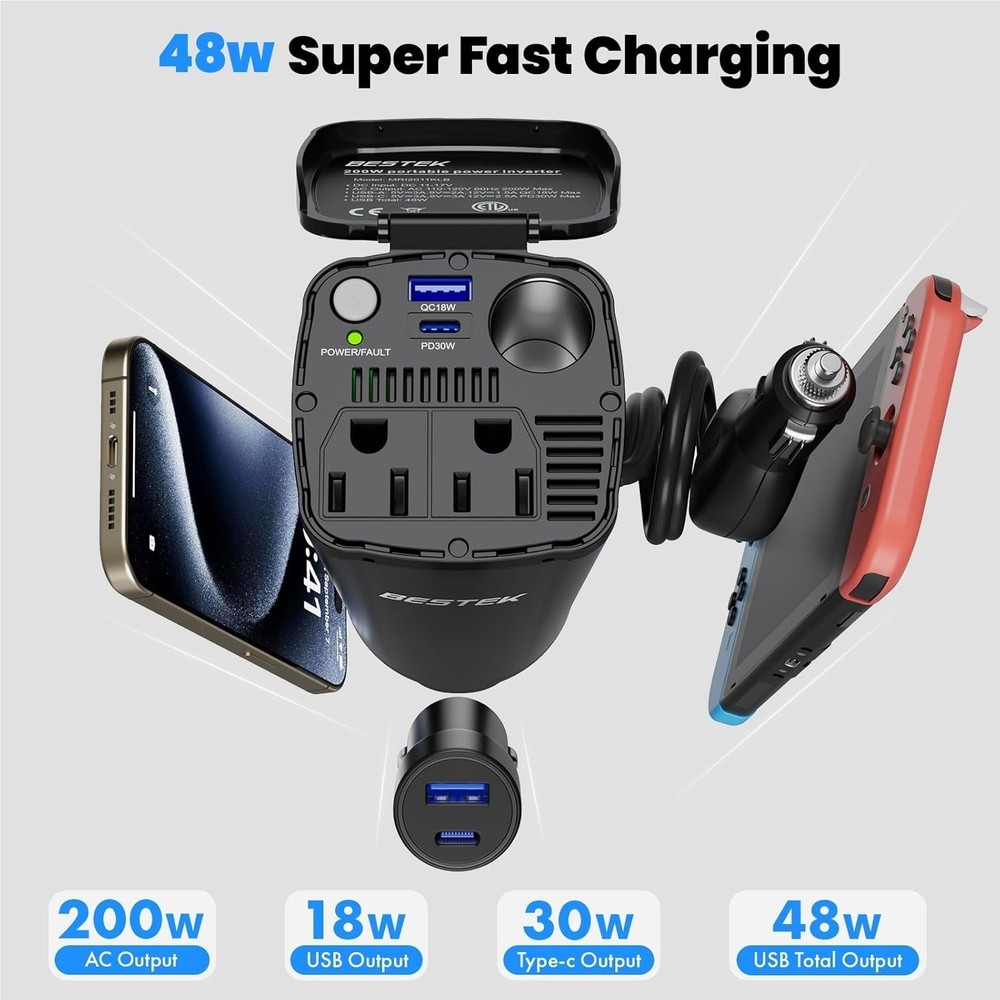 Portable 200W Car Plug Adapter with Fast Charging