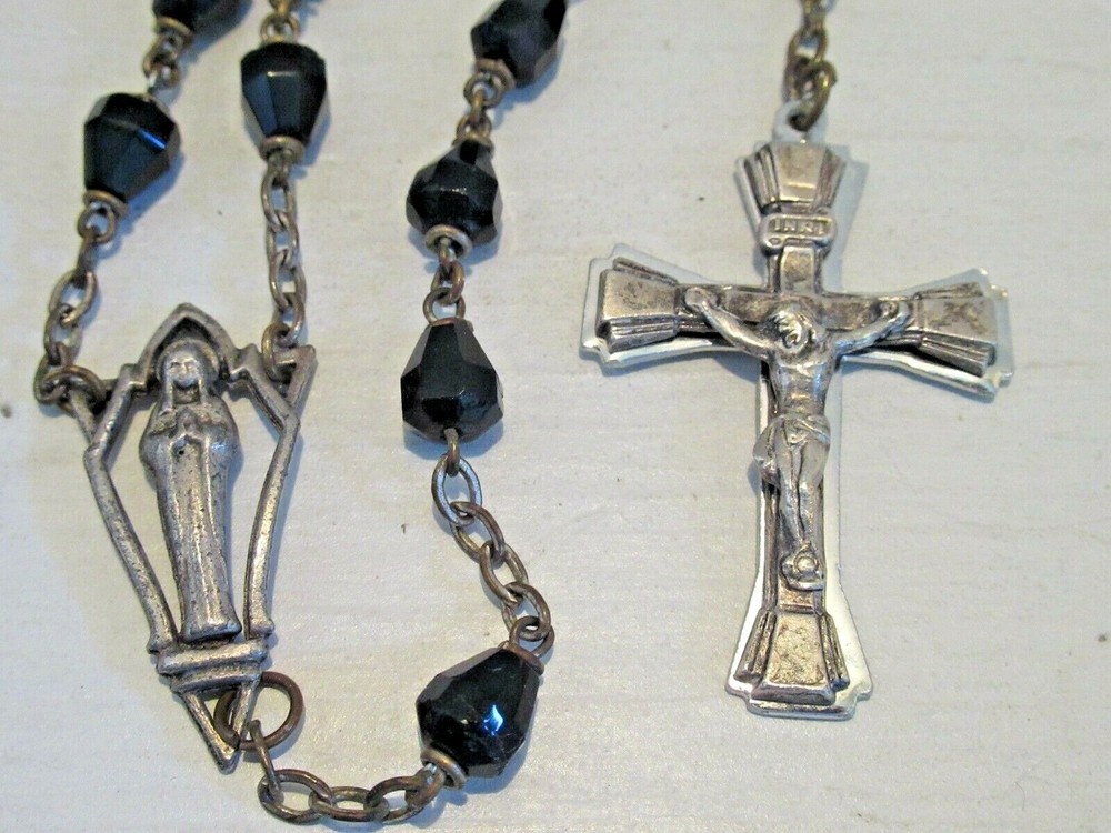 Vintage Rosary Crucifix & Holy Mother Black Amethyst Beads Religion Christianity