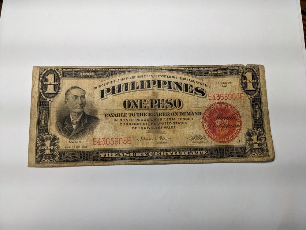 1941 Treasury Certificate US Philippines 1 Pesos  MABINI Banknote