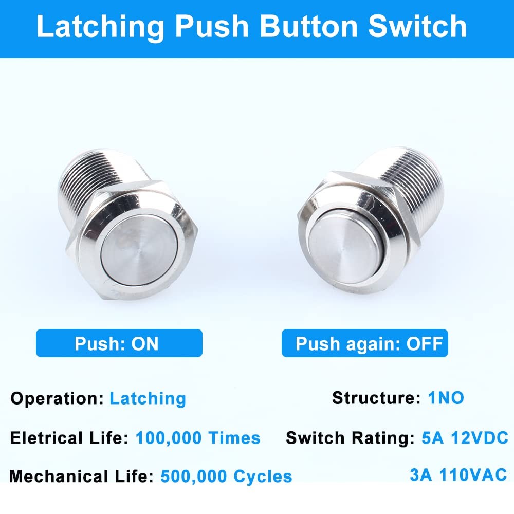 2-Pack 12mm Latching Metal Waterproof Push Button Switch Raised Head Plug-in...