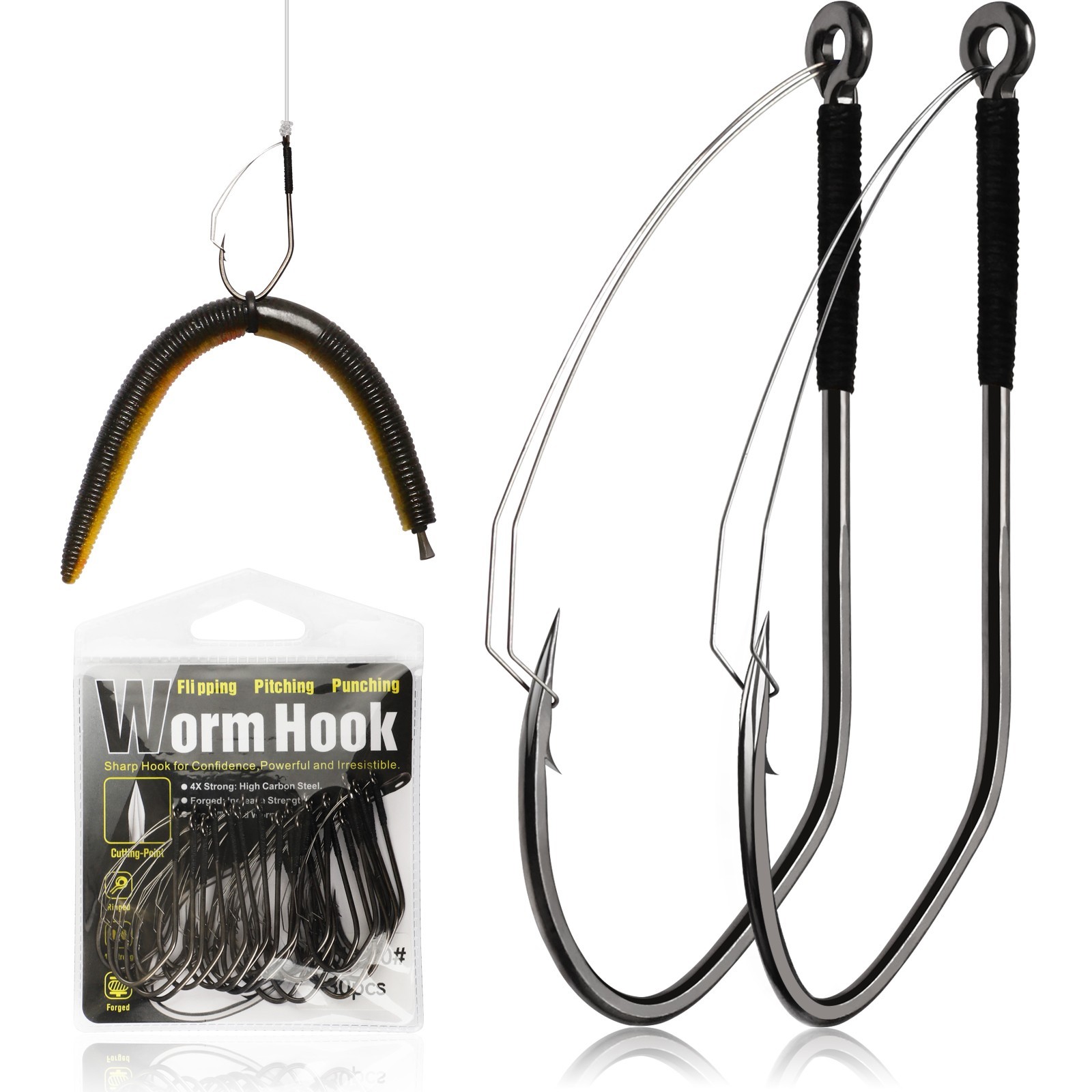 Dovesun 30PCS Weedless Worm Hooks - 2/0 V Fishing Hooks for Wacky Rig Texas Rig