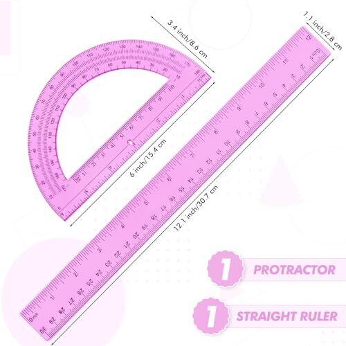 2 Pack 12 Inch Plastic Ruler and 6 Inch Plastic Protractor Set Clear Math Pink