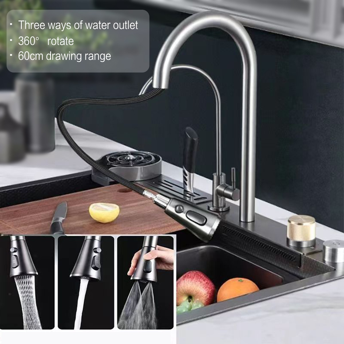 28x17 Flying Rain Stainless Steel Waterfall Kitchen Sink with Faucet Single Bowl