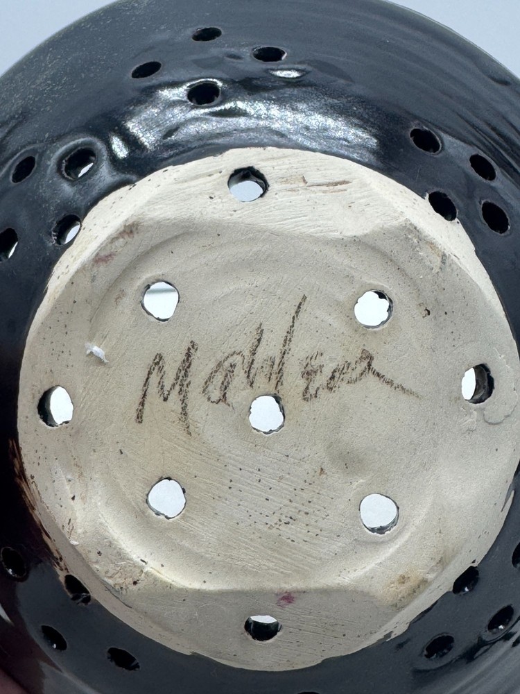Studio Art Pottery Berry Strainer Colander Black Speckled Signed
