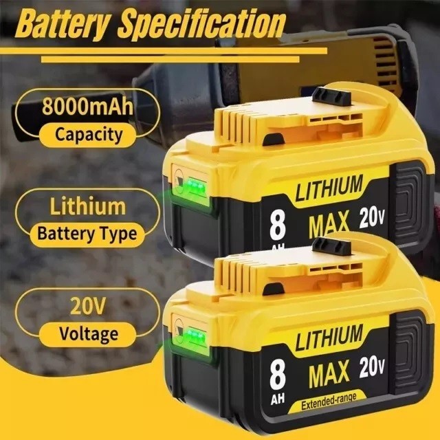 2PC 8.0Ah Battery Replace for Dewalt 20V DCB208 DCB206 Drill Tools LED Indicator