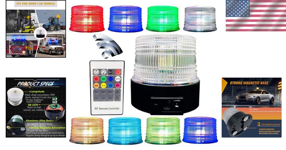 Rechargeable Magnetic LED Strobe Light with 8 Color Remote Control & High Vis...