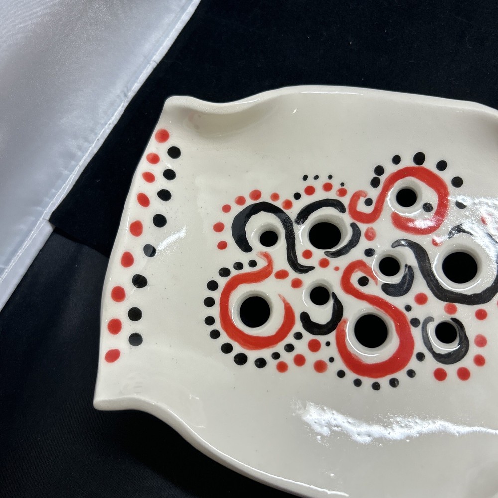 Nancy Bishop Pottery Footed Soapdish Strainer Red and Black