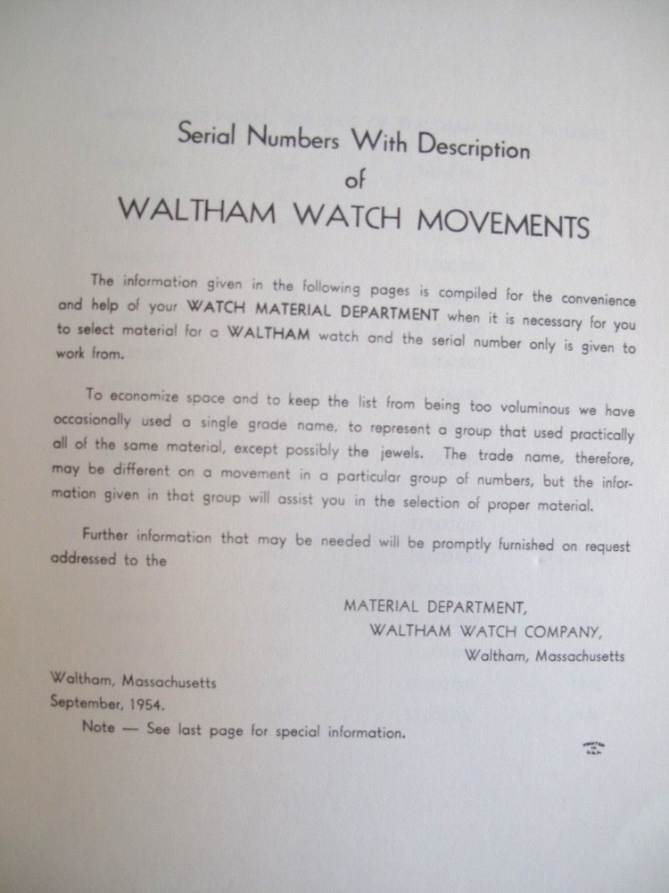 Serial Numbers Description Waltham Watch Movements Catalog & Townsend Addendum