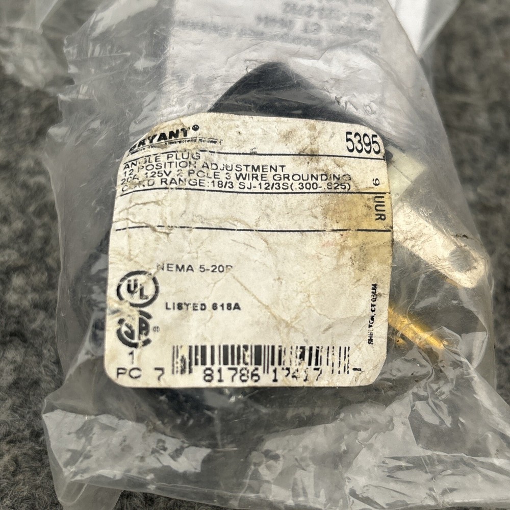 Bryant 5395 Angle Plug 20A 125V 2 Pole 3 Wire New
