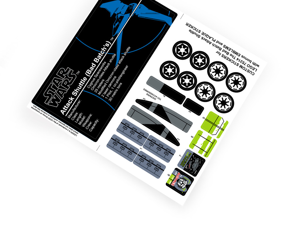 Custom stickers for Star Wars Set 75314 Bad Batch Attack Shuttle with Bonus