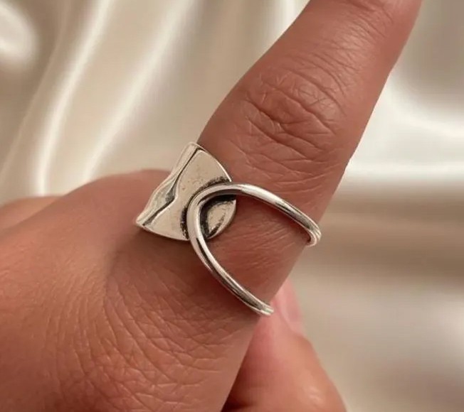 Solid 925 Sterling Silver Wide Hammered Abstract Open Loop Handmade Ring for Her