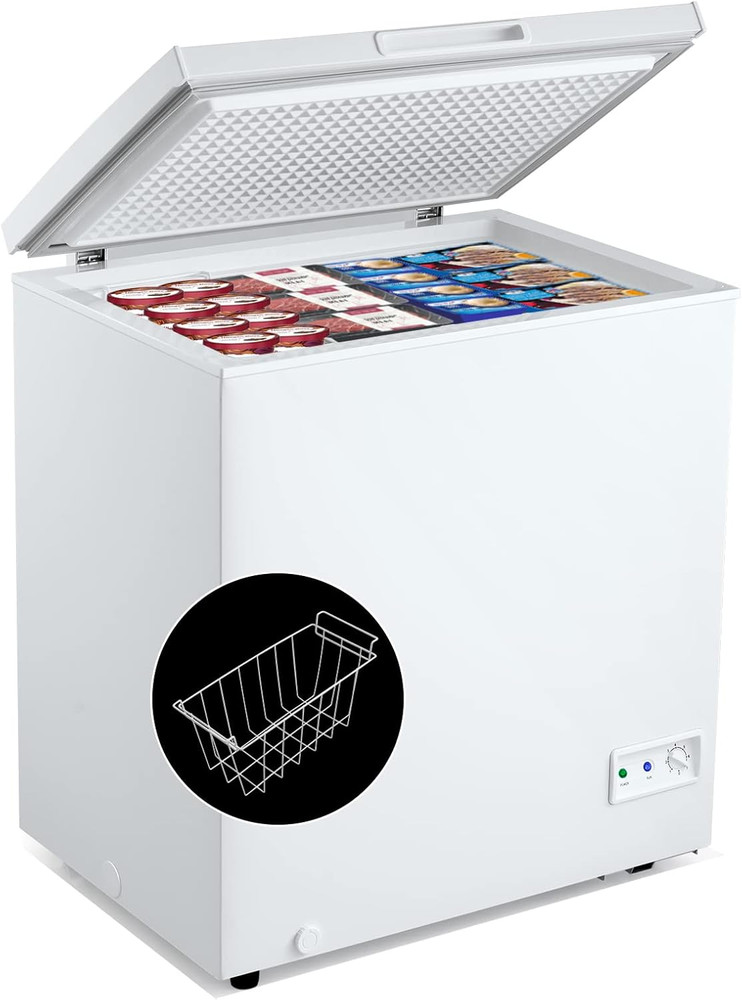 Compact 5 Cu Ft Chest Freezer with Adjustable Temp & Removable Basket, White