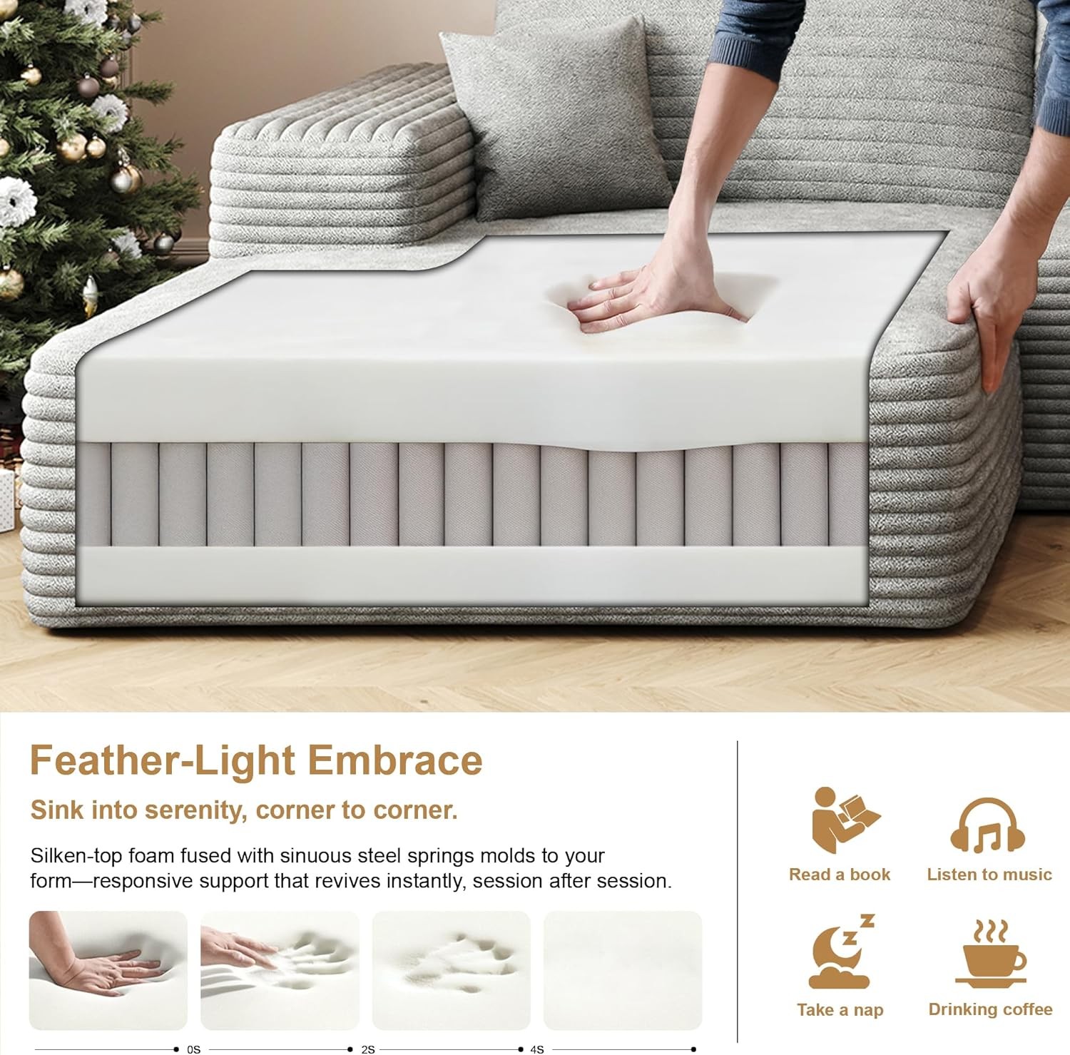 135" Corduroy Couch Sectional Sofa with Chaise L Shape Boneless Cloud Couches