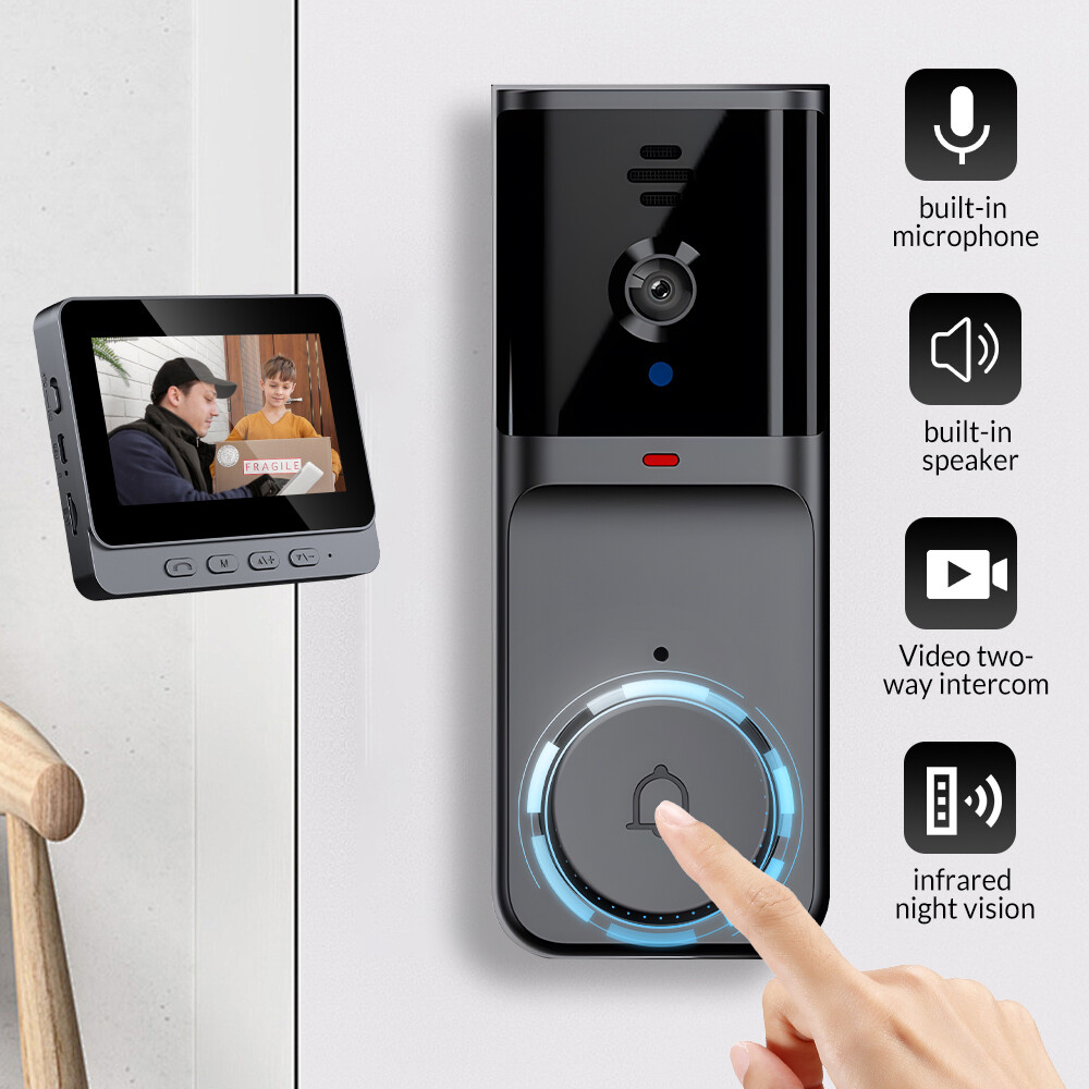Wireless Intercom Doorbell HD Night Vision 4.3in lPS Screen Visual Camera Ring