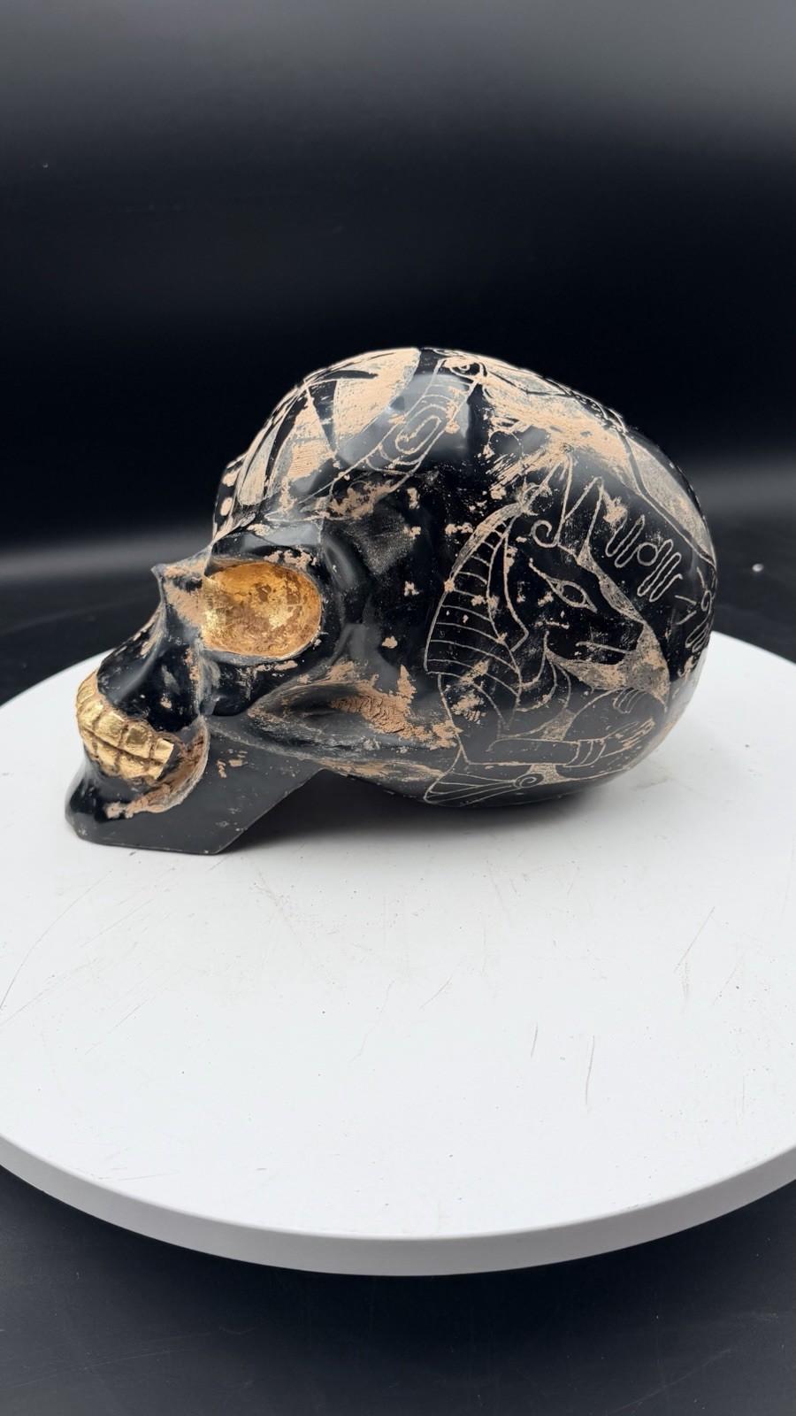 7 Kilo Guerrero Ancient Obsidian Crystal Skull Inlayed Gold Leaf Alien Ojuelos