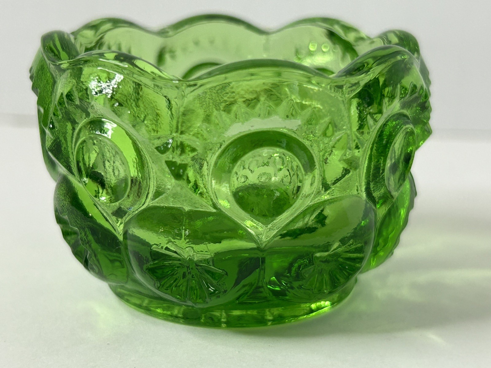 Vtg L.G.Wright Emerald Green Glass Moon-and-Stars Open Salt Dip, Cellar, 1960's