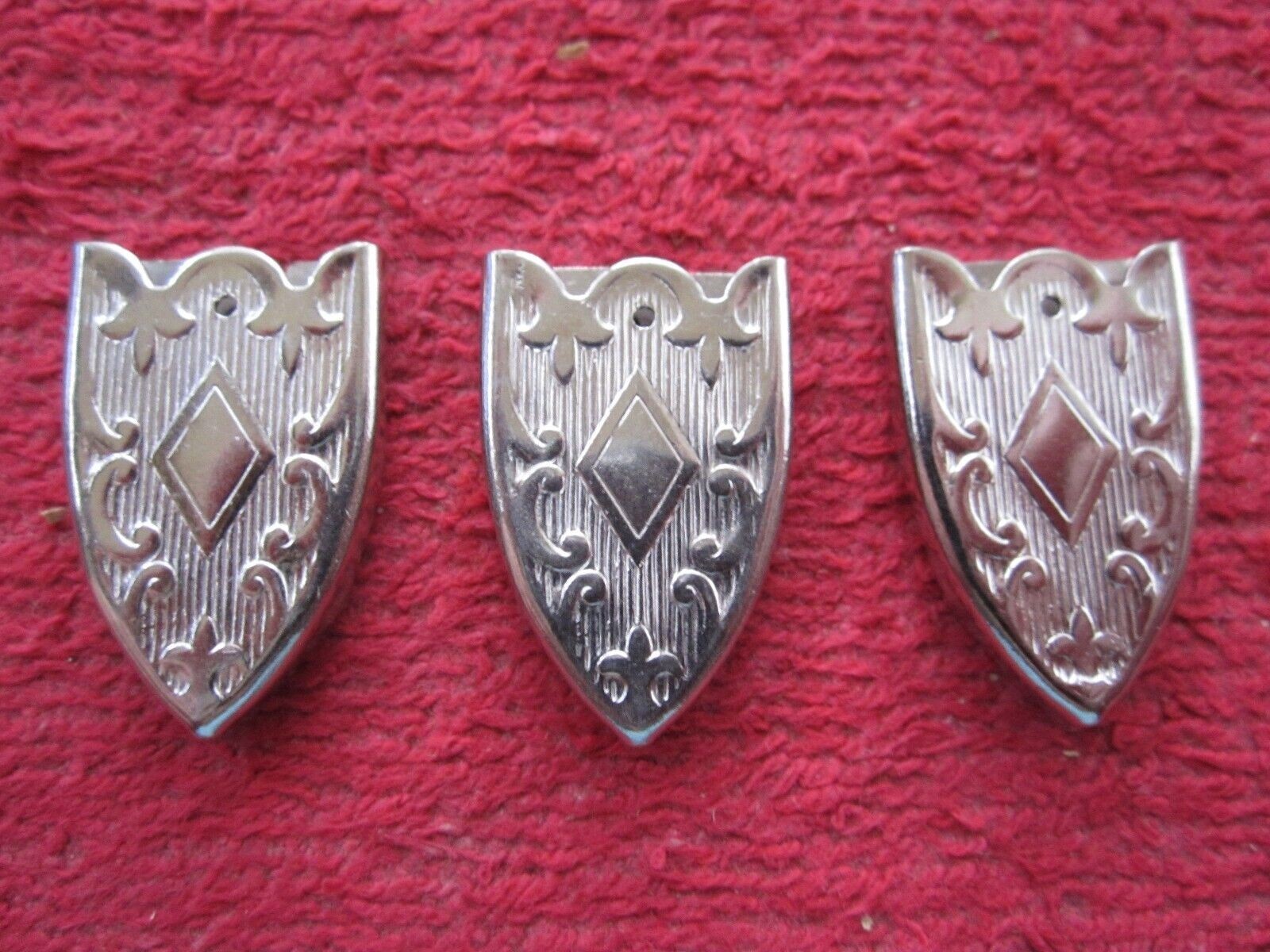 3 VINTAGE LEATHER or CLOTH BELT END TIPS, EMBOSSED, 3/4" ,NICKEL PLATED, NOS