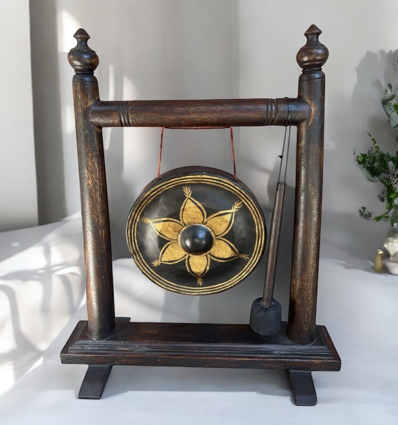 Vintage Thai-Style Temple Gong on Wood Stand 22” w/ Mallet Buddhism Decor