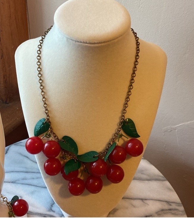 Antique Bakelite Cherry Necklace and Bracelet Set. Tested.