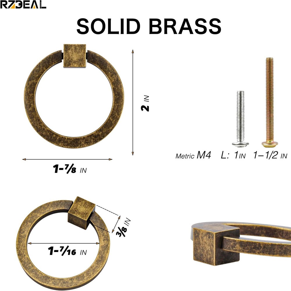 12Pcs 2.0" X 1-7/8" Solid Brass Antique Brass Pulls for Dresser Drawer Ring Pull