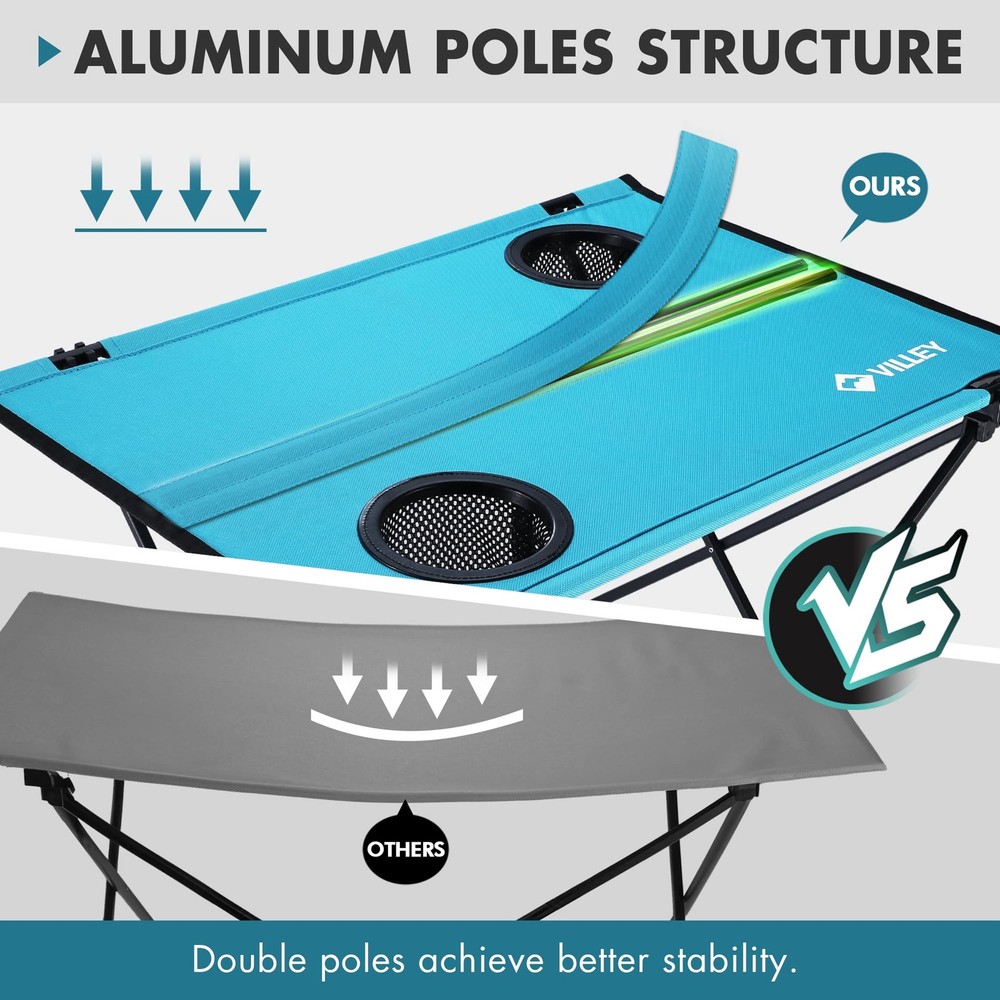 VILLEY Folding Camping Table, Lightweight Portable Beach Table with 2 Cup Holder
