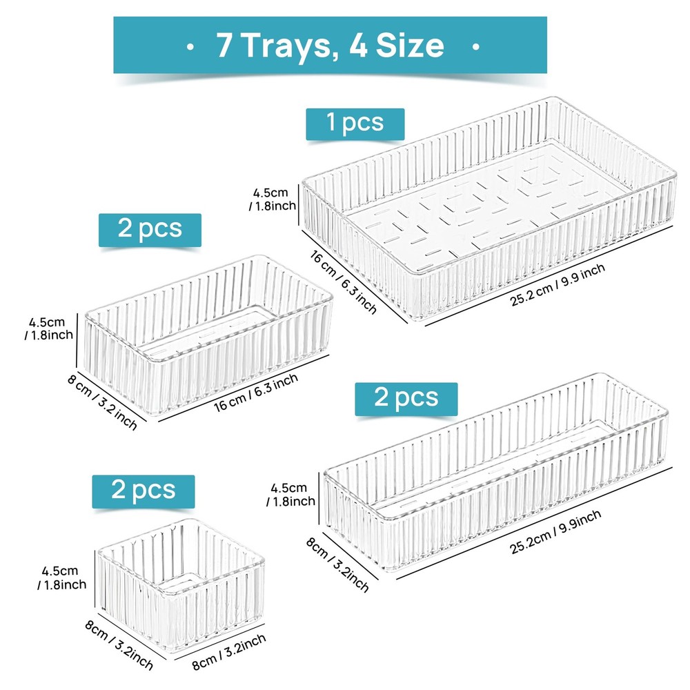 7 PCS Clear Drawer Organizers Bins, 4-Size Stackable Makeup and Vanity Drawer...