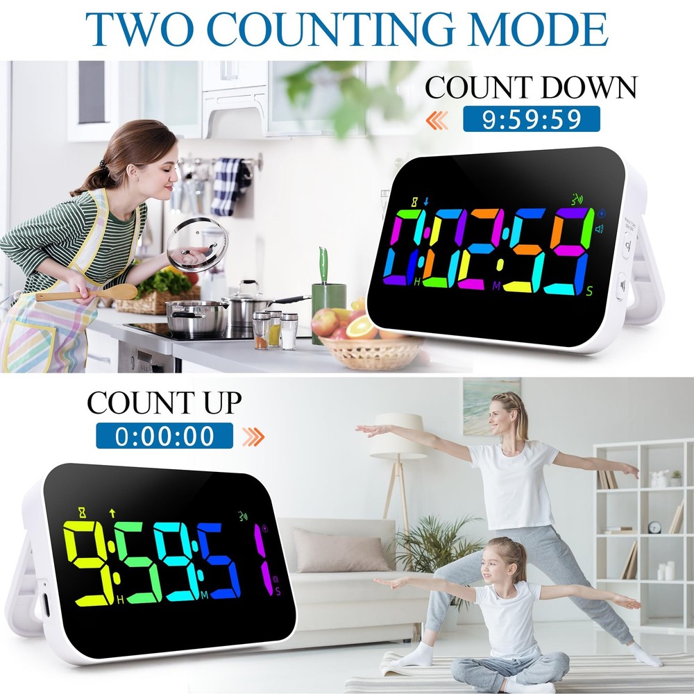Kitchen LED Digital Timer Rechargeable, RGB Count Down Up Digital Timer with ...