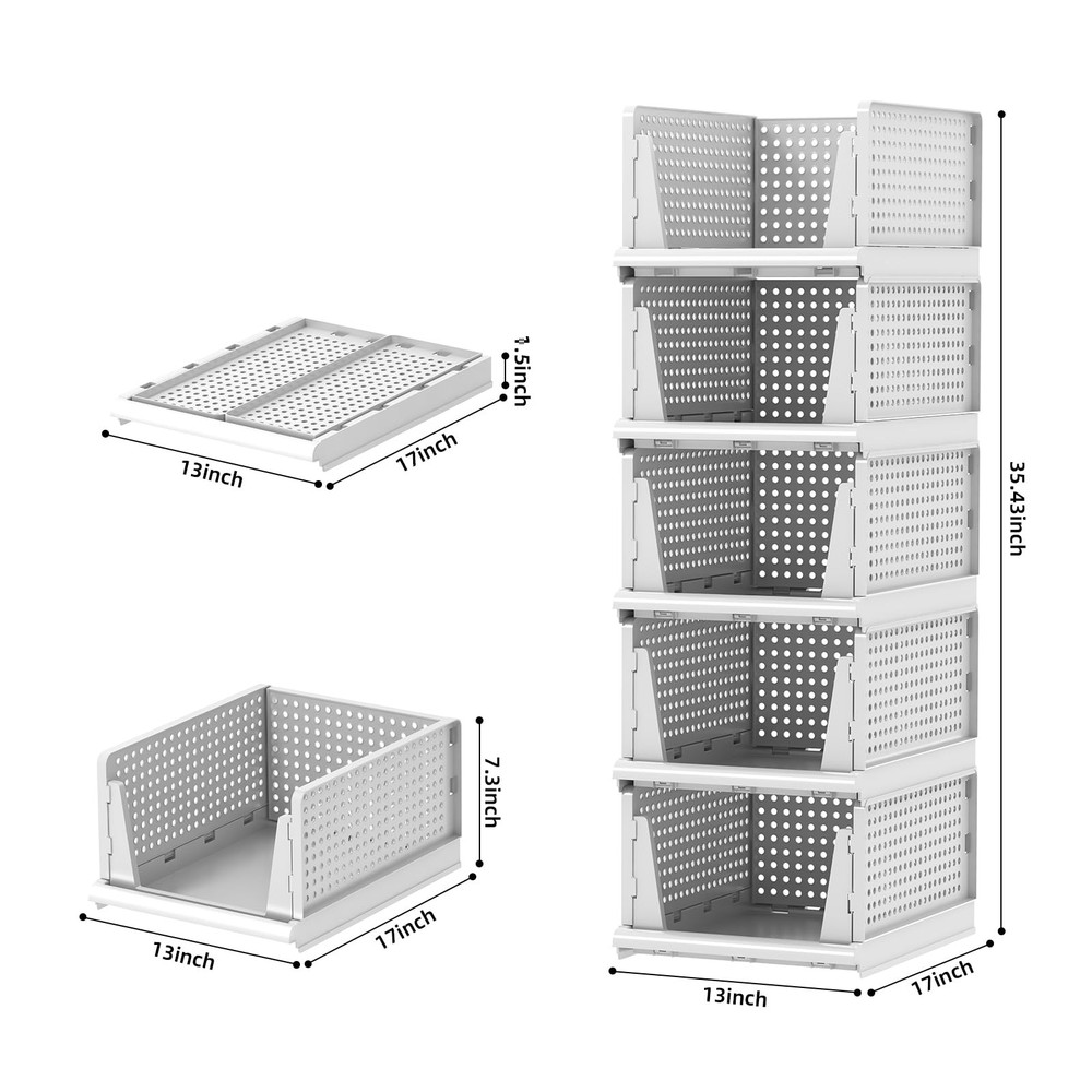 5 Packs Stackable Plastic Storage Basket for Closet Foldable Closet Organizer...