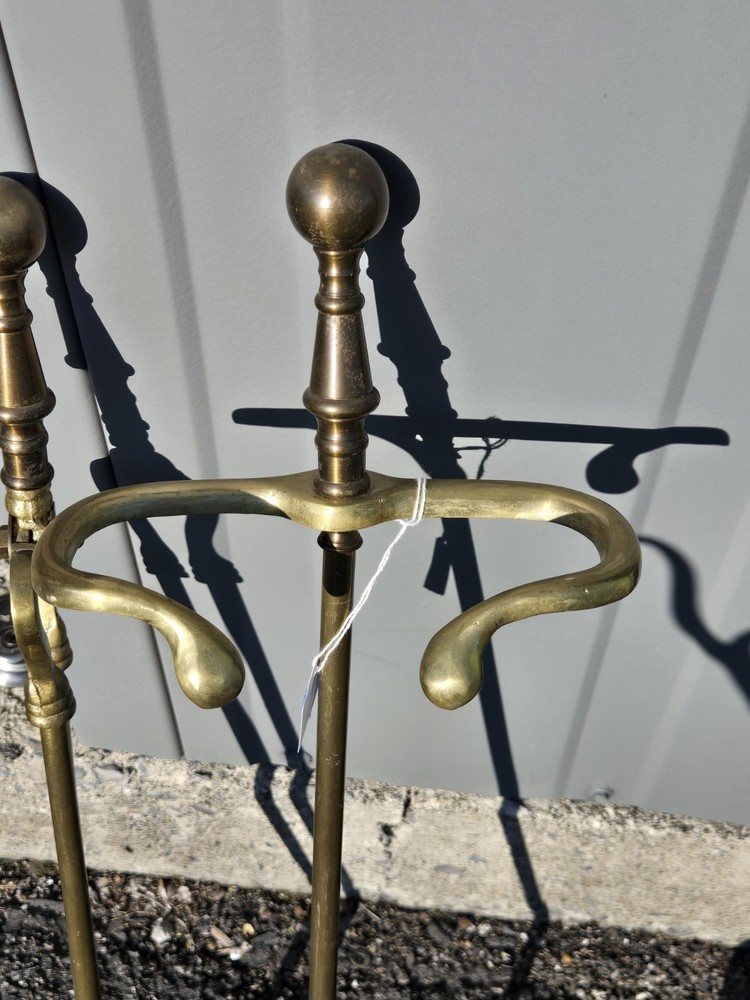 Vintage Solid Brass Fireplace 3 Tools with Stand Set 4x PIECE Round Claw Footed