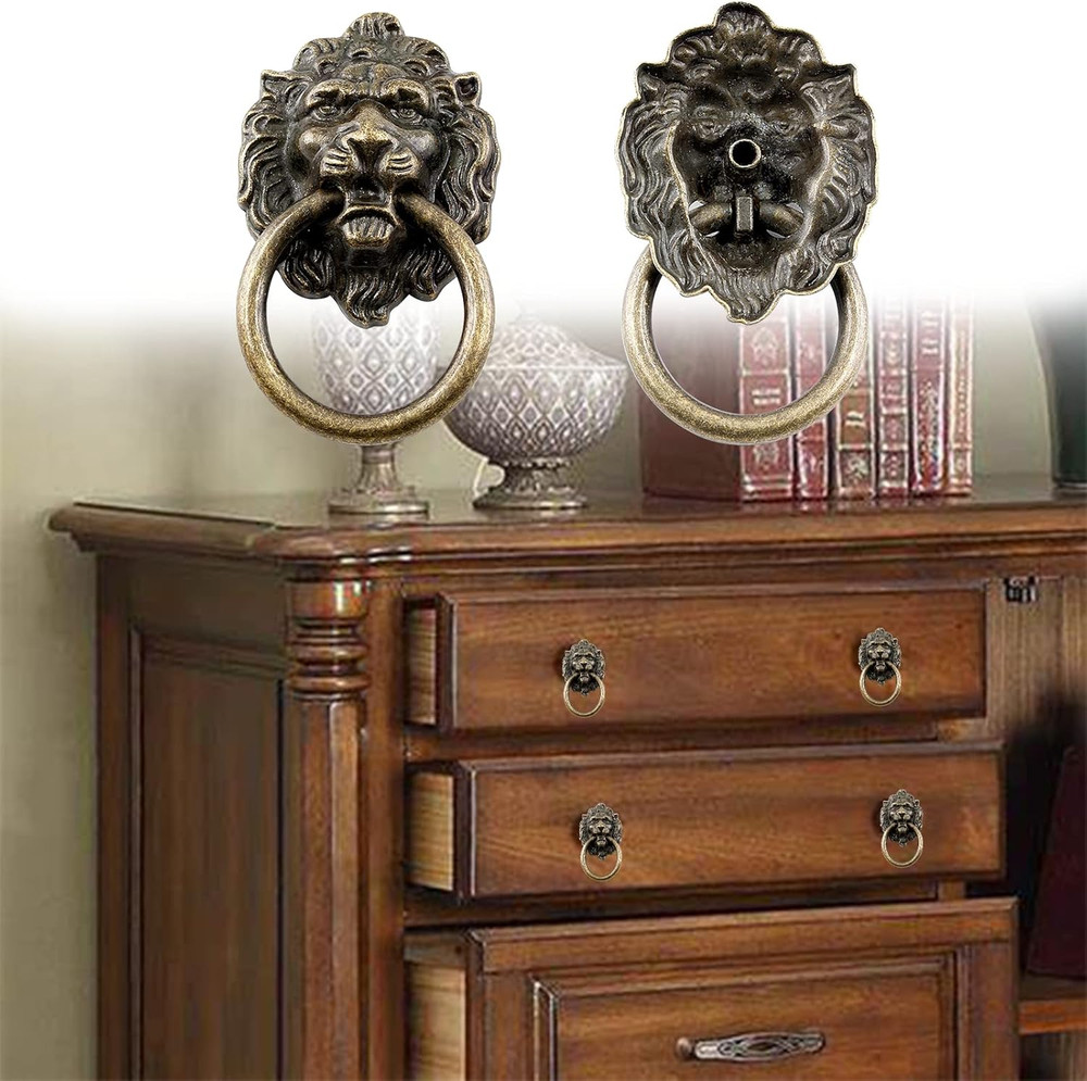 6 Pcs Lion Head Knobs Pull, Antique Bronze Ring Pull Handles for Dresser Draw...