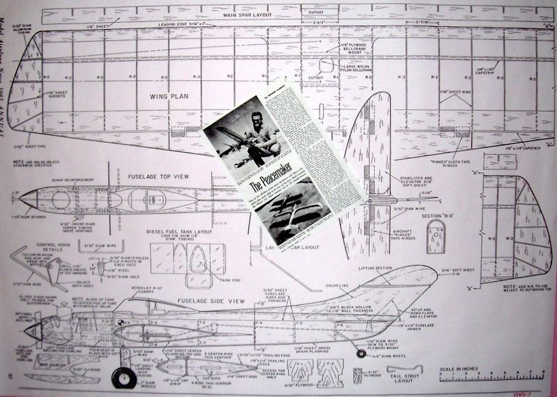 Two Aldrich PEACEMAKER PLANS + CONSTRUCTION ARTICLE for UC Stunt Model Airplane