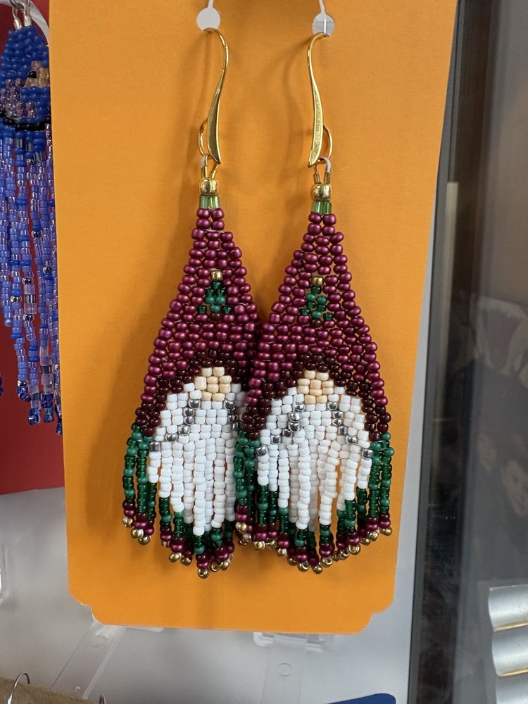 Handcrafted Beaded Dangle Earrings Gnome Christmas Multicolor Thread Hook