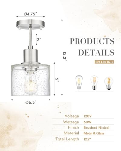 Industrial Semi Flush Mount Ceiling Light, Brushed Nickel 1-Light Close Silver
