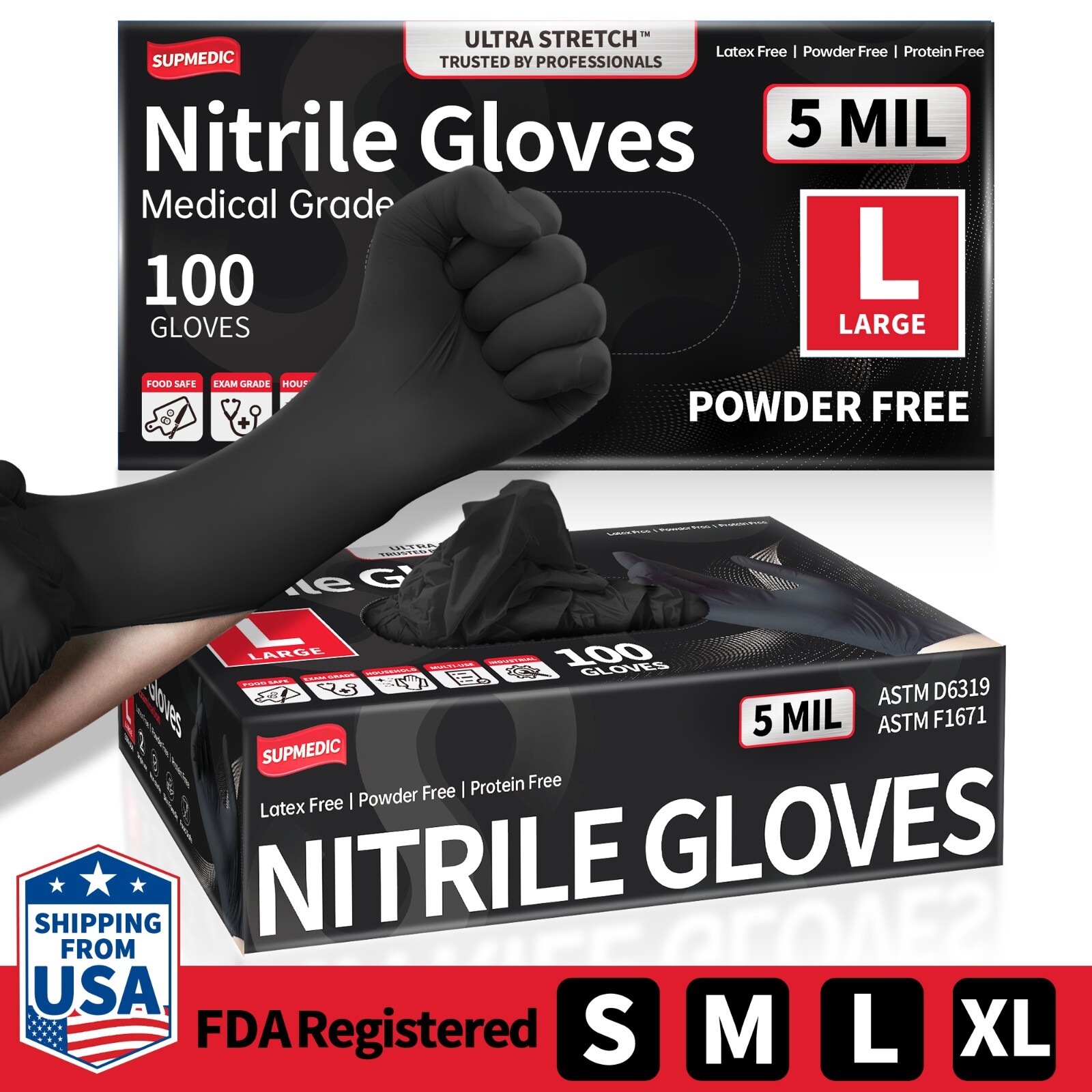 Disposable Nitrile Exam Gloves, 5 Mil Black, Powder-Free Heavy Duty Clean Glove
