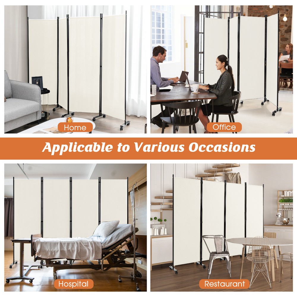 4-Panel Folding Room Divider 6FT Rolling Privacy Screen w/ Lockable Wheels White