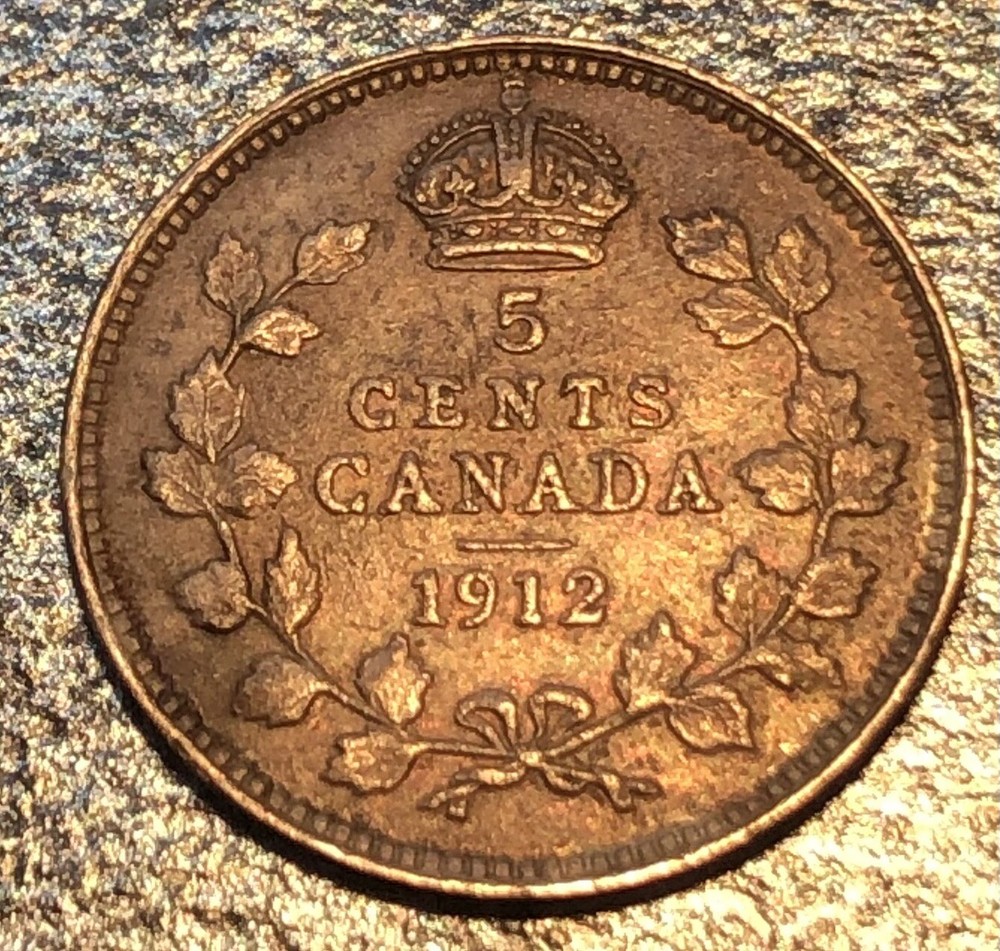 1912 Canada 5 Cents, .925 Silver, High Grade, Toned