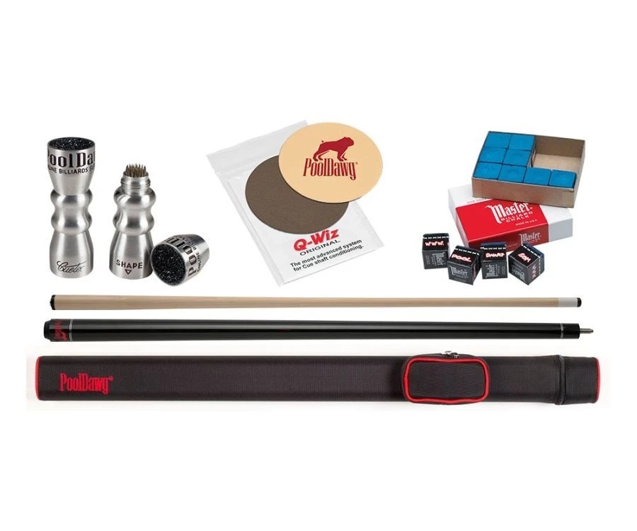 PoolDawg Billiard Bundle: Black Maple Cue, 1x1 Case, Tip Tool & Master Chalk Set