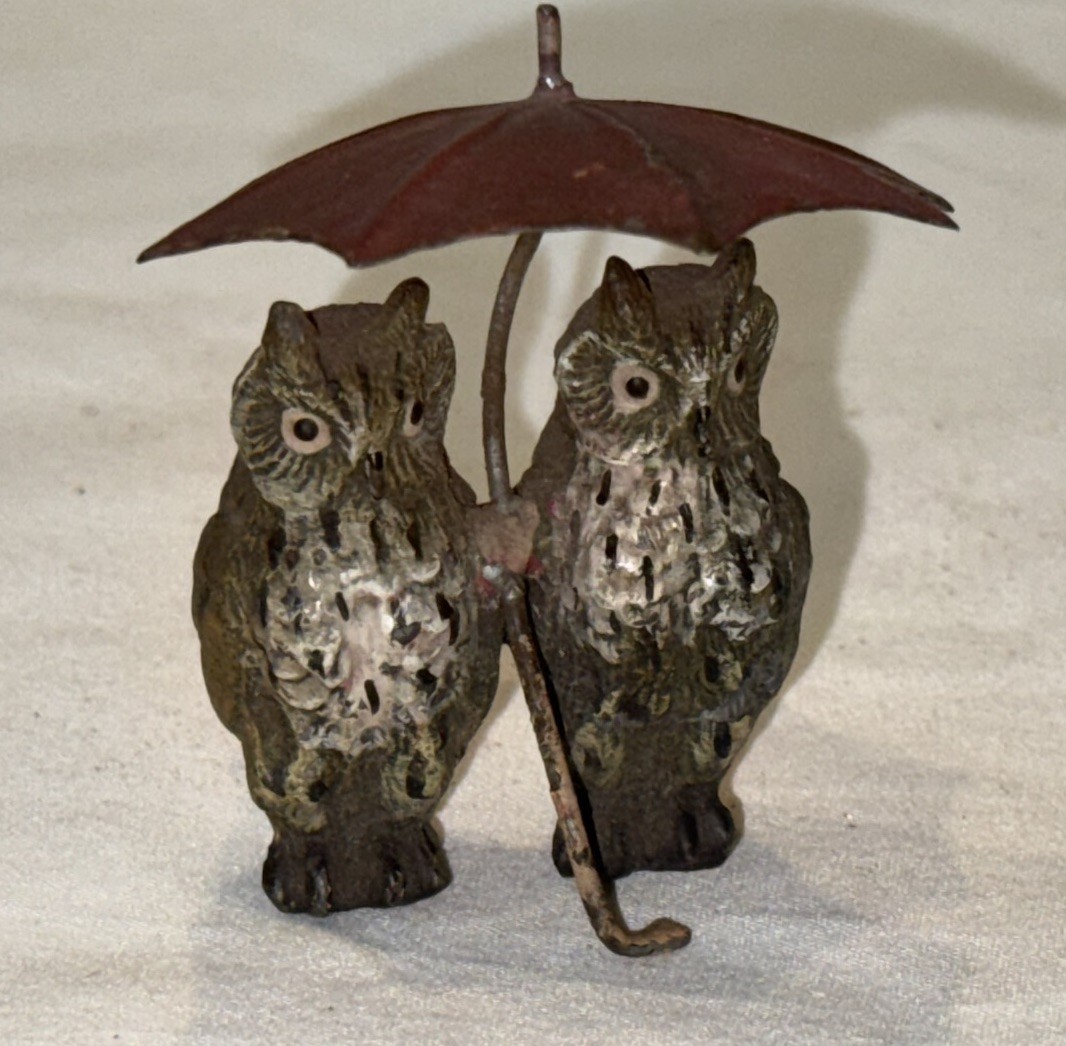 Antique Austrian Bronze Pair of Owls with Red Umbrella- Hand Painted 2in