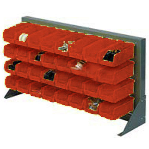 Louvered Bench Rack with (22) Red Stacking Akrobins 36x15x20