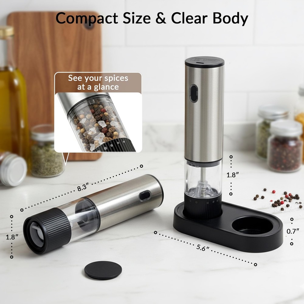 2 Pack Rechargeable Salt and Pepper Grinder Set, USB -Charging Automatic Cord...