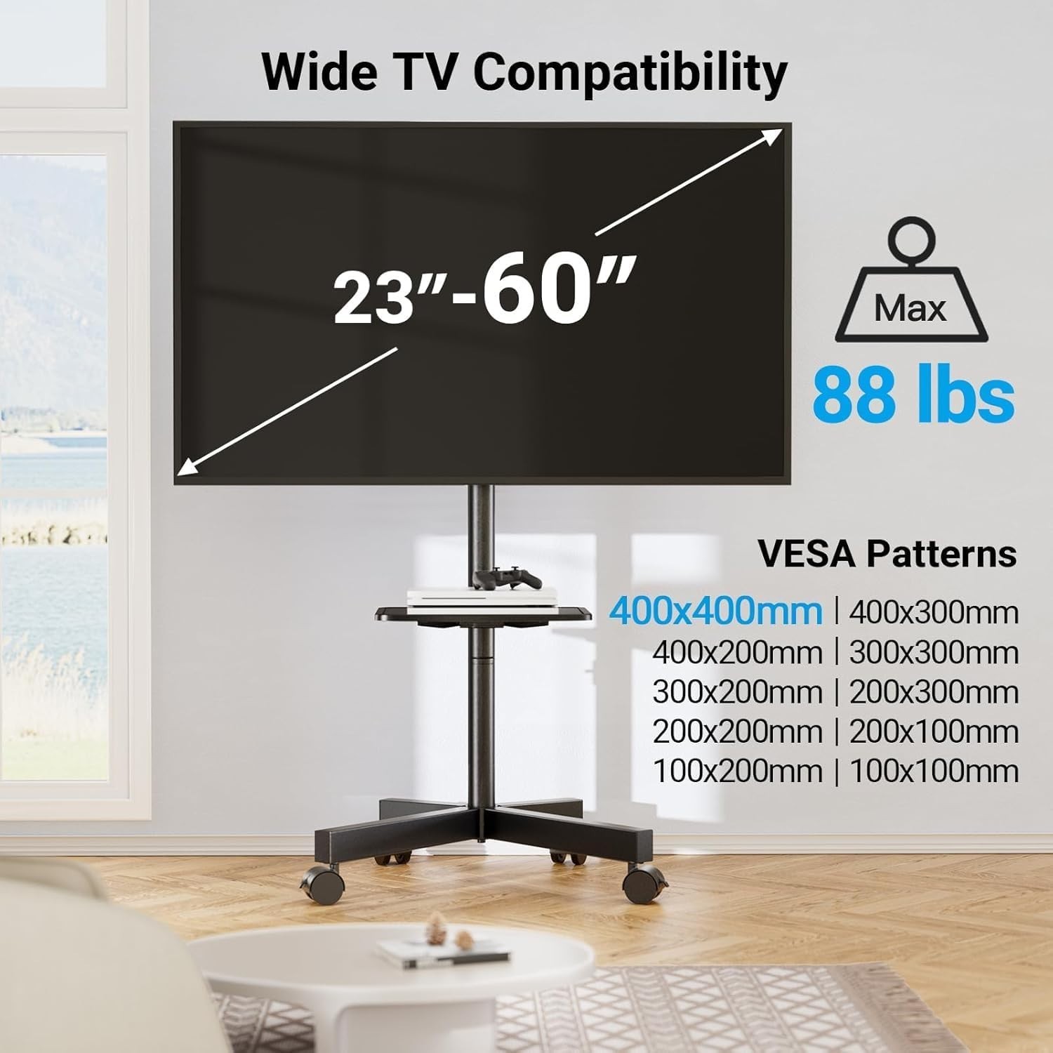 PERLESMITH Rolling Mobile Tilt TV Stand for 23-60" LCD LED TVs VESA up to 88lbs