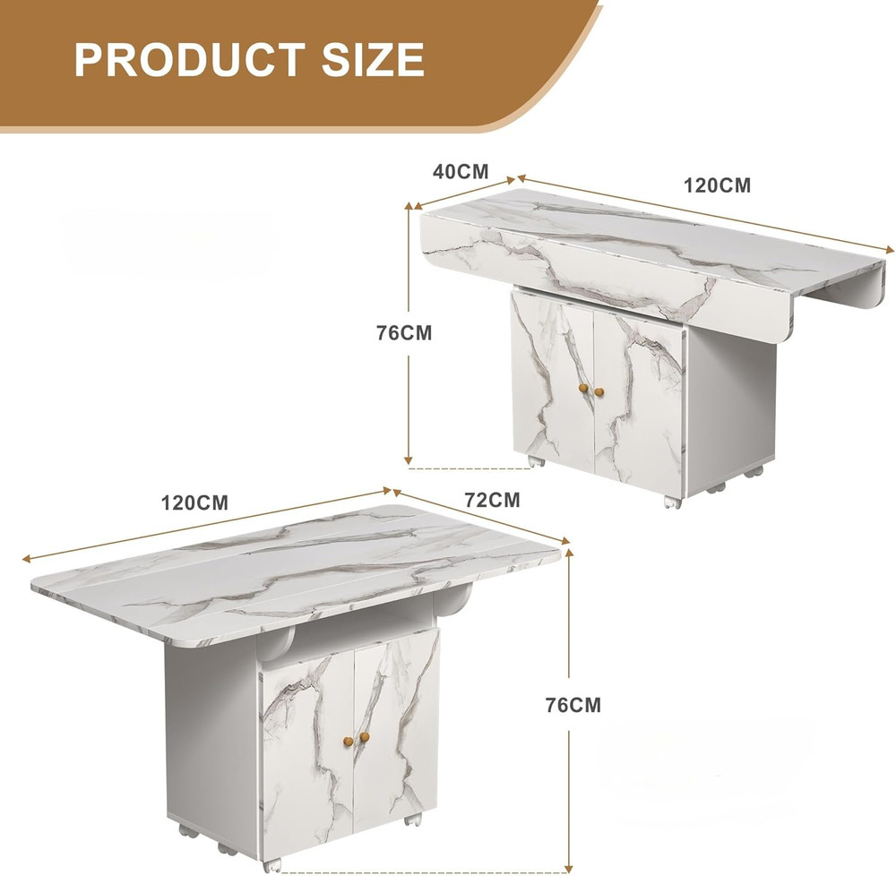 47" Rolling Kitchen Island with Storage & Drop Leaf - White Marble Top