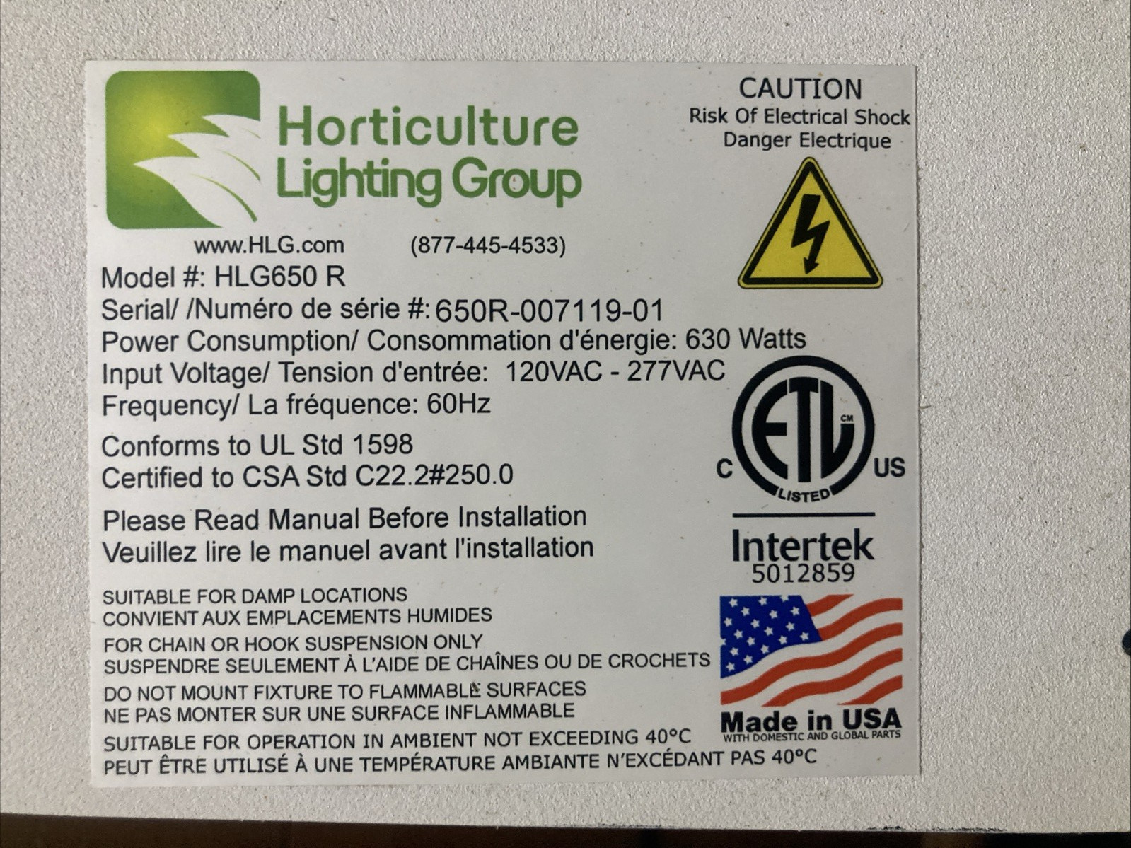 HLG 650R LED Grow Light Used Indoor Plant Growing Light