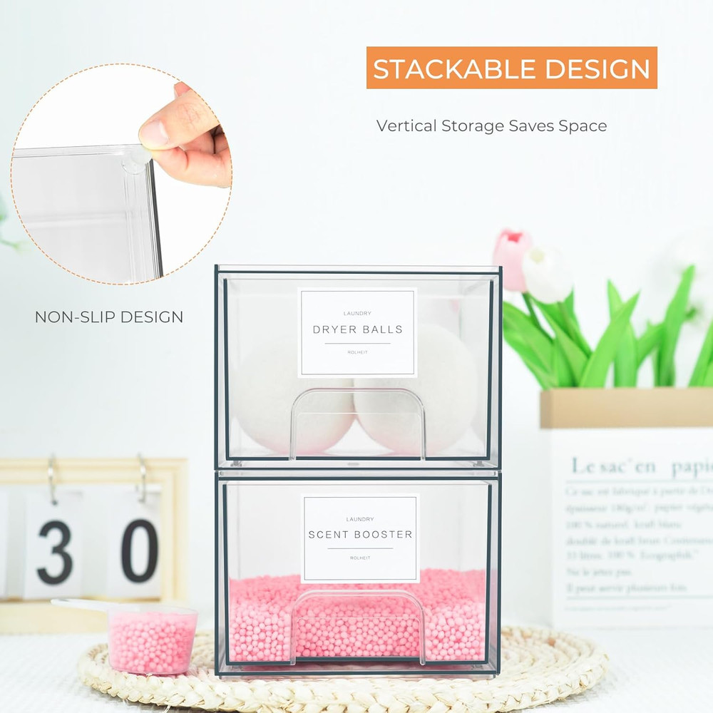4 Pack Laundry Room Organization Storage Drawers with Labels, Clear Stackable Dr
