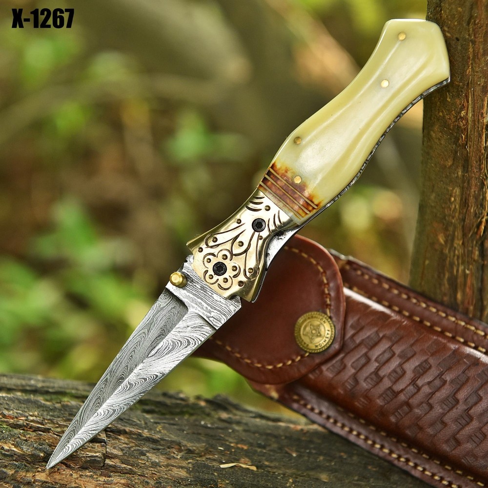 Damascus Folding Double edge Blade Pocket Knife - Dagger - Camel Bone Handle