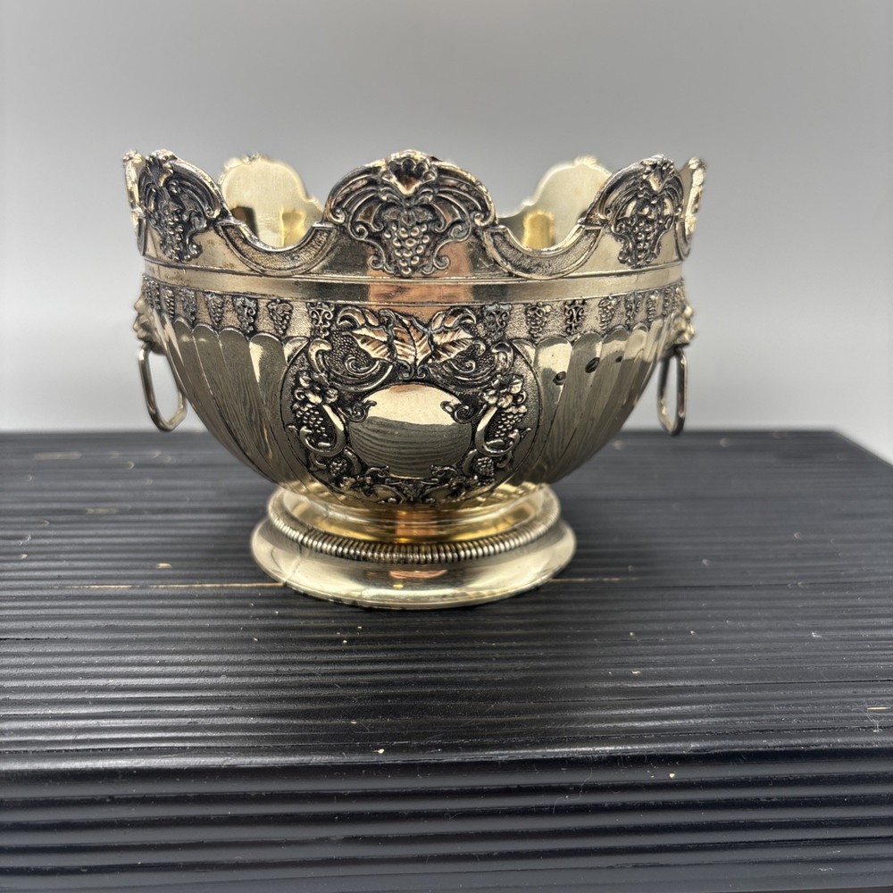 Vintage Silver Plate Ornate Monteith Bowl LION Handles Gold Wash Interior