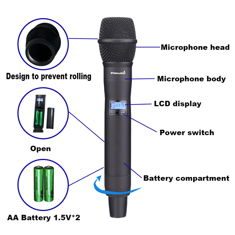 2CH UHF Handheld Microphone Reciver Wireless Microphone Stage Party Mic System