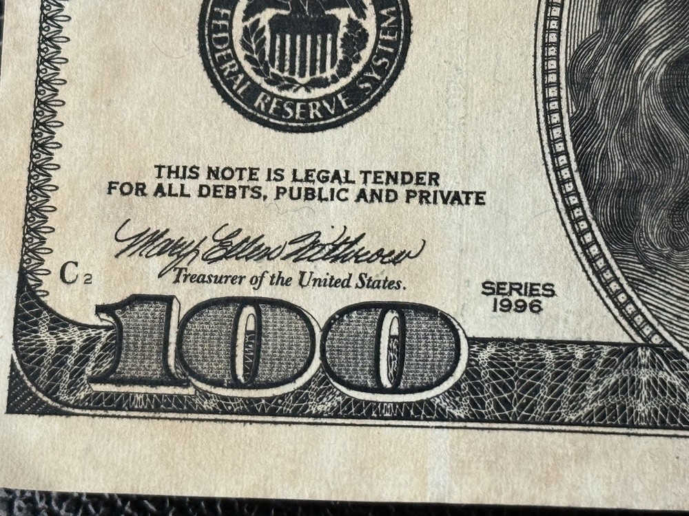 1996 Series 100 Dollar Bill Misprint/Miscut Off Center Error Note