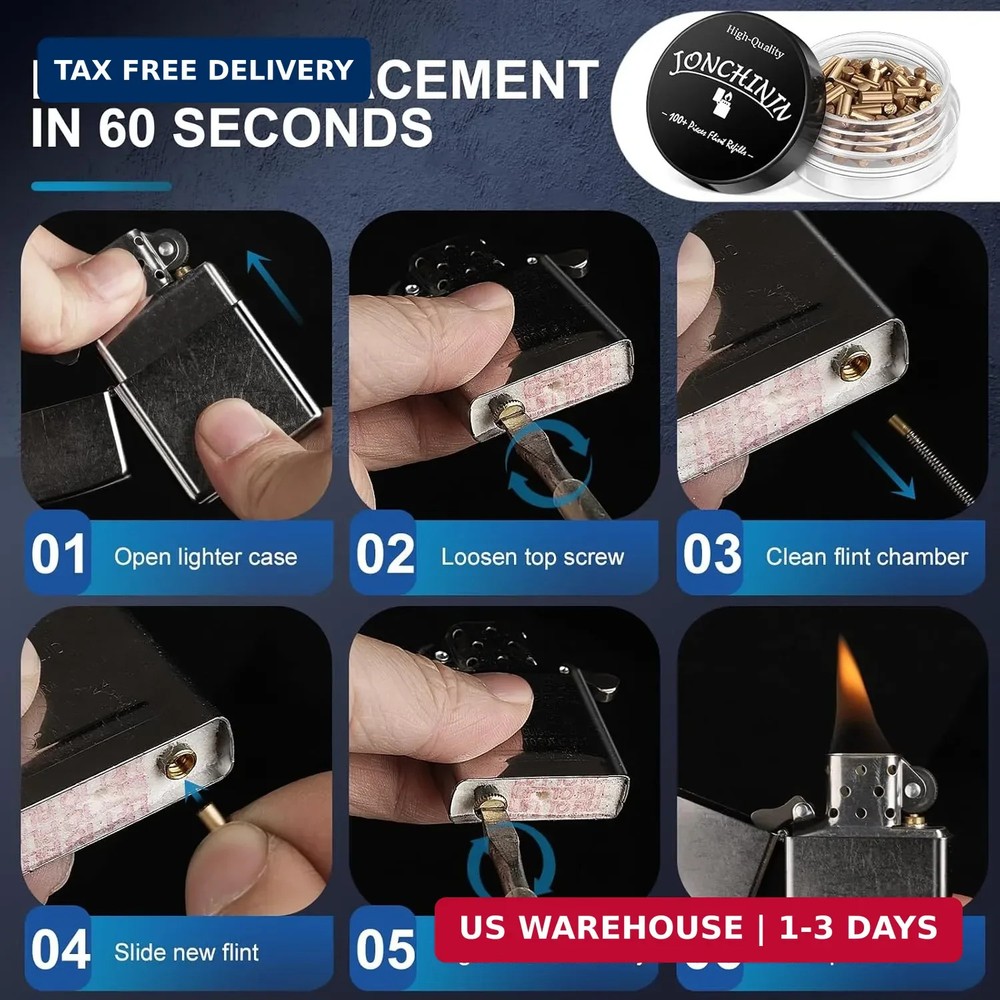 Lighter Flints 100 Pcs, Premium Flint Replacement Refills, Multi-Brand Compatibl