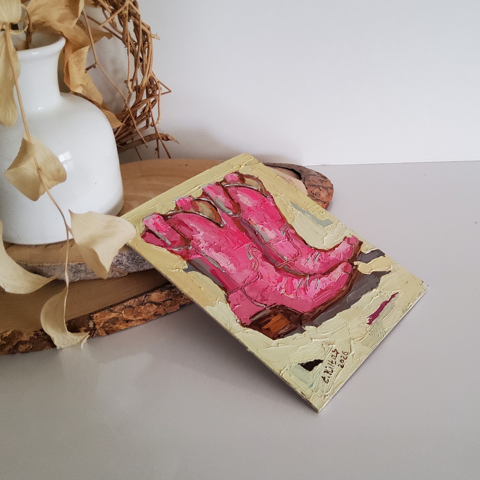 Pink Cowgirl Boots Cowboy Painting Original Oil Art Abstract Modern Wall Artwork